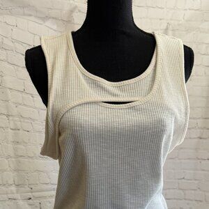 Nine West Cream Ribbed Tank Top | Size XL | Cutout Back Detail | Layered Necklin